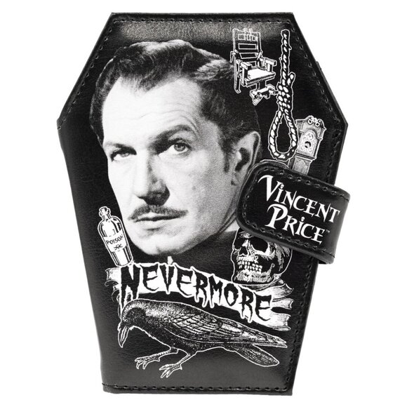 Vincent Price Nevermore Black & White Vegan Leather Coffin Bifold Wallet NWT - Picture 1 of 3